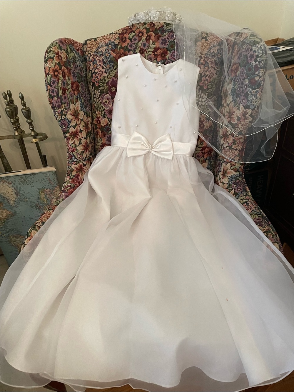 Girls White Satin & Organza Party Dress with Bow (Veil add $20)